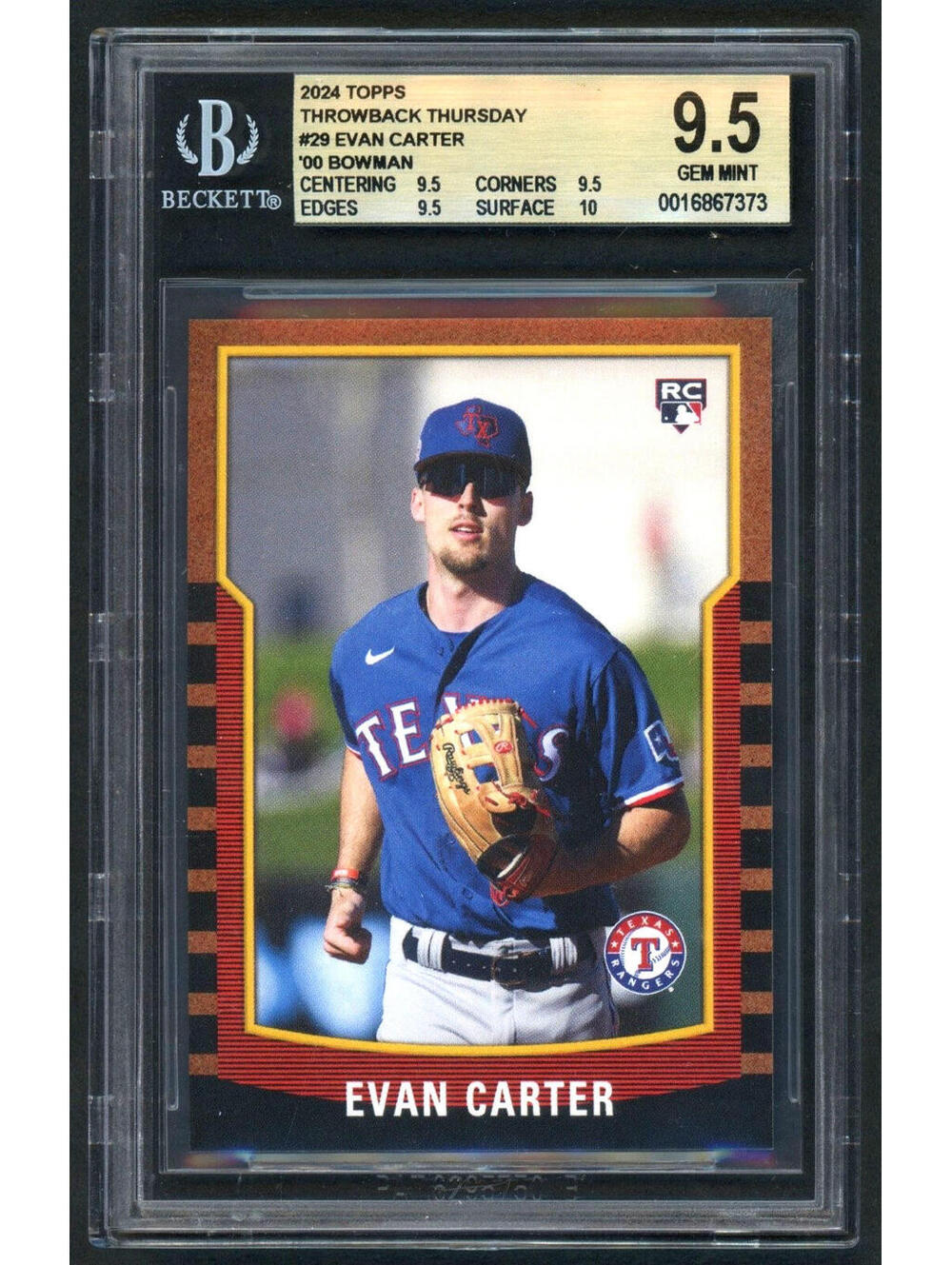 2024 Topps #29 Evan Carter Rookie Throwback Rangers (RC) BGS 9.5 Gem Mint